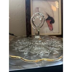 Vtg Mid Century Jeannette Feather Leaf Tidbit Tray Platter Gold Trim Retro Glass